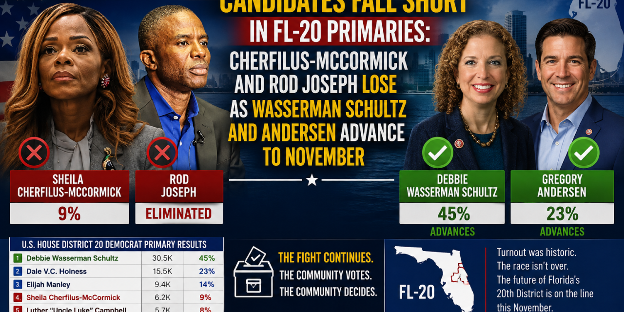 Both Haitian-American Candidates Fall Short in FL-20 Primaries: Cherfilus-McCormick and Rod Joseph Lose as Wasserman Schultz and Andersen Advance to November